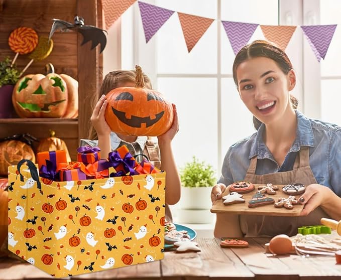 HIYAGON Rectangular Halloween Basket for Boys and Girls Kids Trick or Treat Pumpkin Basket for Halloween Parties Cute Storage Bin Organizer Box Room Decor(Cute halloween )