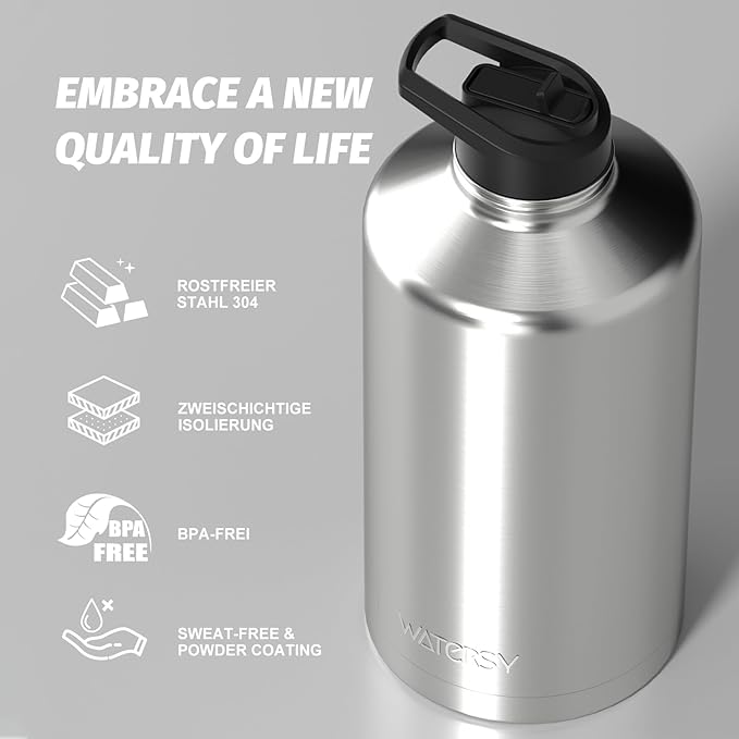 1 Gallon Water Bottle Insulated(Cold for 48 Hrs),BPA Free&Leak Proof,128oz Stainless Steel Water Jug,Large Water Bottle with Straw Spout Lids for Gym,Hiking,Camping&Travel,Stainless