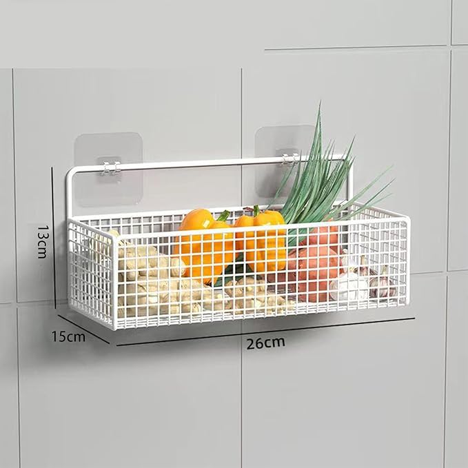 Hanging Kitchen Baskets, Metal Wire Storage Bin Rack Adhesive Wire Wall Storage Basket, No Drilling Hanging Fruit Baskets, Bathroom Shower Spice Shelf for Kitchen Bathroom(White)