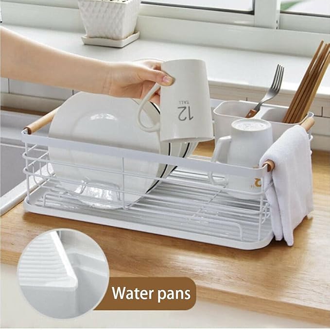Kitchen Dish Drainer Metal Wire Cutlery Holder Drying Plate Rack Drip Tray Sink