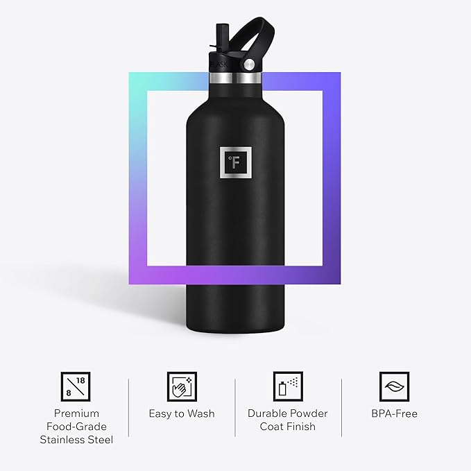 IRON °FLASK Camping & Hiking Hydration Flask with Straw, Narrow Mouth Insulated Stainless Steel Sports Water Bottle - Midnight Black 32 oz - Straw (1 Lid)