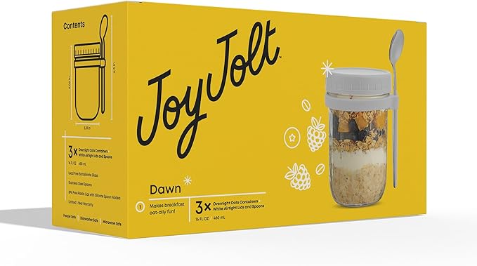 JoyJolt 3-Pack Glass Overnight Oats Jars with Lids and Spoons Set (16 oz), Mason Jars for Overnight Oats, Chia Pudding Jars with Lids - BPA-Free, Leak Proof Small Containers for Meal Prep