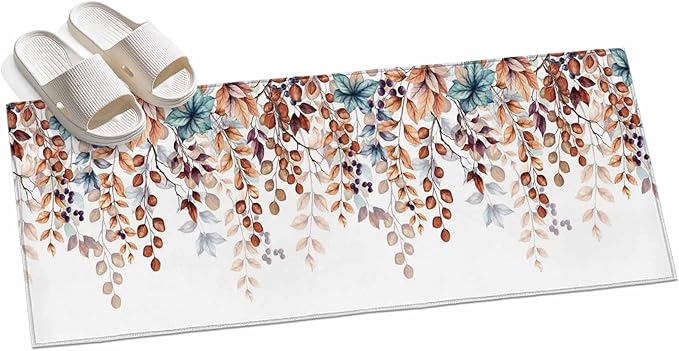 Runner Rug for Bedroom Hallway, Fall Orange Watercolor Eucalyptus Leaves Kitchen Runner Rugs Area Rug 2x6ft, Fallen Leaf on White Washable Soft Floor Carpet for Entryway Stair