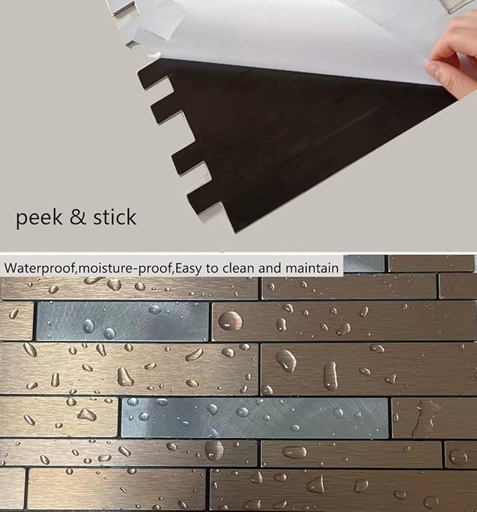 WEIMEISC 10 Sheets Peel and Stick Backsplash Tile for Kitchen, Self-Adhesive Mosaic Tile, Stick on Bathroom Vanities，Fireplace Décor, Laundry Table (Brushed Bronze+Frosted Silver)