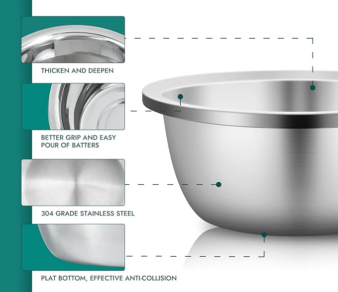 Enther Mixing Bowls - Set of 3 Stainless Steel Mixing Bowls with 304 Stainless Steel - Heavy Duty, Easy To Clean, Nesting Bowls Space Saving Storage, Great for Cooking, Baking, Salad,Silver