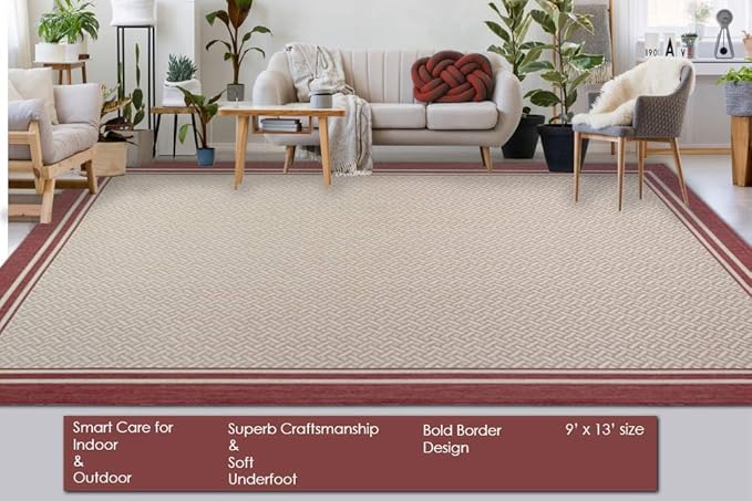 Gertmenian Indoor Outdoor Classic Flatweave Area Rug, Stain & UV Resistant Carpet, Deck, Patio, Poolside & Mudroom, 9x13 Ft Extra Large, Simple Border, Red Tan, 22014