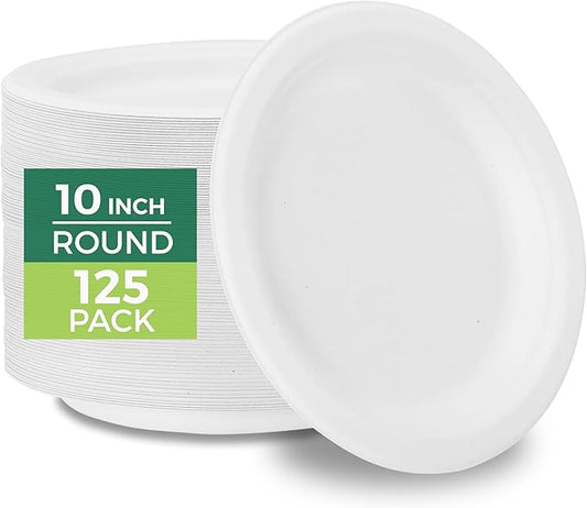 Freshware Paper Plates - Disposable 10" Plate, 125-Pack, Biodegradable Sugarcane Fiber Dinner Plates - Heavy Duty Dinnerware for Hot Food - Microwave & Freezer Safe, Stackable Dinnerware