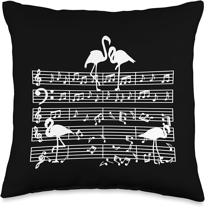 Music Notes with Flamingo on Music Sheet - Music Teacher Throw Pillow