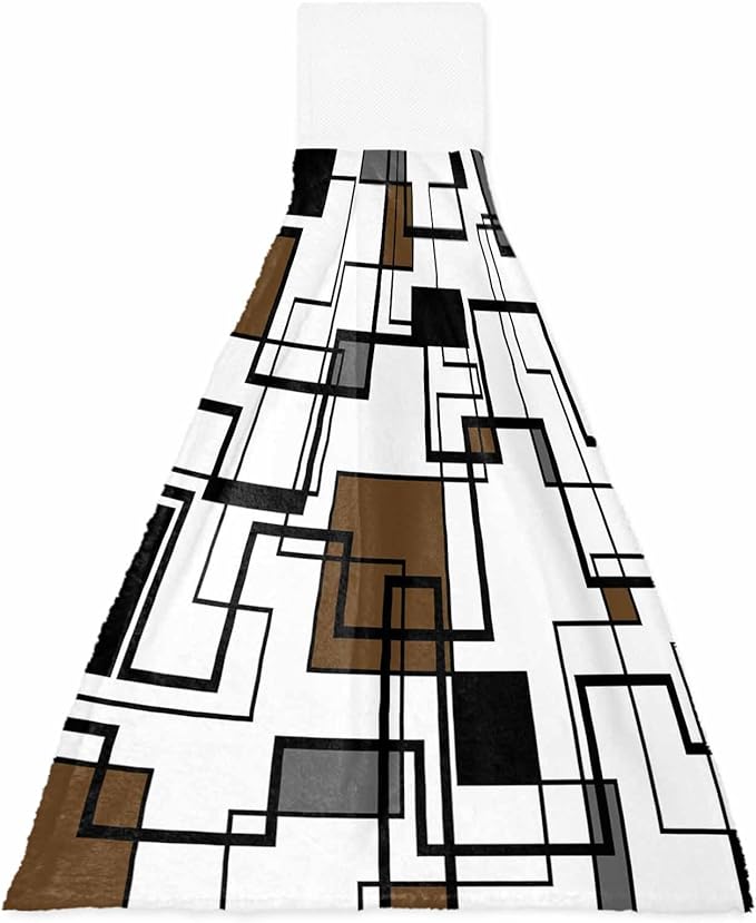 Alandar Home Kitchen Tie Towel Set of 1, Brown Black Geometric Lines Art Absorbent Soft Hand Towels for Bathroom Hanging Towels, Abstract Color Block Fast Drying Cleaning Cloth with Loop