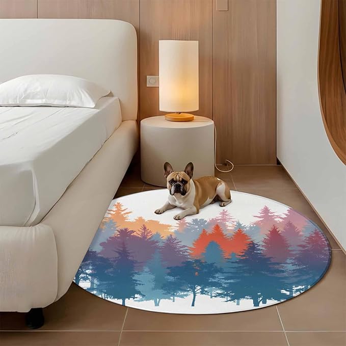 Washable Round Area Rug Abstract Trees Forest Silhouette Circle Rugs Floor Carpet for Living Room Bedroom, Natural Scene Plants Soft Non Slip Round Rug 3ft