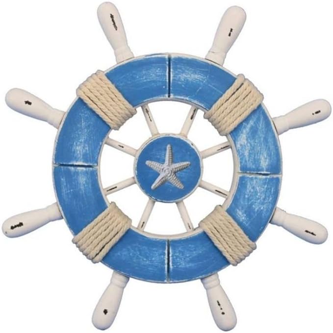 Hampton Nautical Wheel-9-109-starfish Rustic Decorative Ship Wheel with Starfish, 9", Light Blue and White