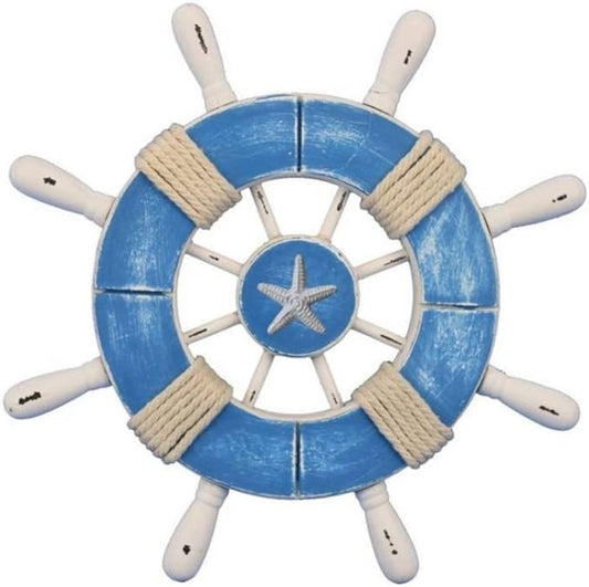 Hampton Nautical Wheel-9-109-starfish Rustic Decorative Ship Wheel with Starfish, 9", Light Blue and White