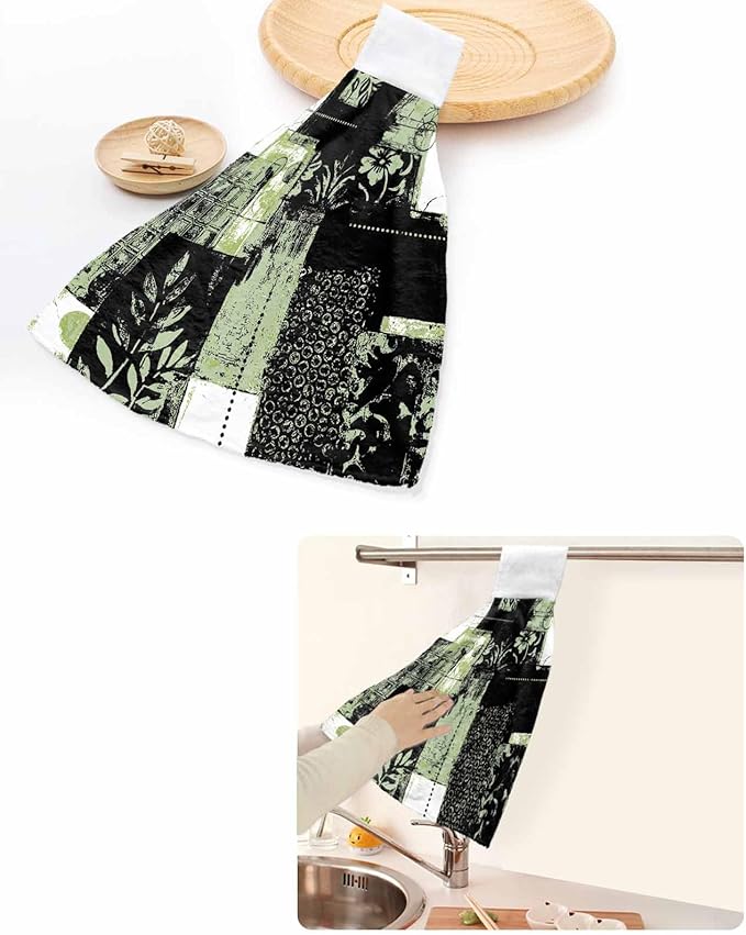 Alandar Home Kitchen Tie Towel Set of 2, Boho Abstract Geometric Texture Absorbent Soft Hand Towels for Bathroom Hanging Towels, Summer Leaves Black Green Fast Drying Cleaning Cloth with Loop