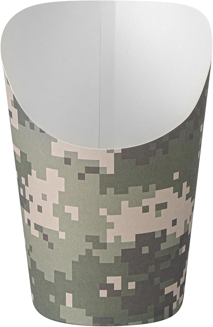 Restaurantware-Bio Tek 12 Ounce French Fry Containers, 100 Disposable Charcuterie Cups - Incline Design, Round, Camouflage Paper French Fry Cups, Stackable, For Waffles, Chips, or Popcorn
