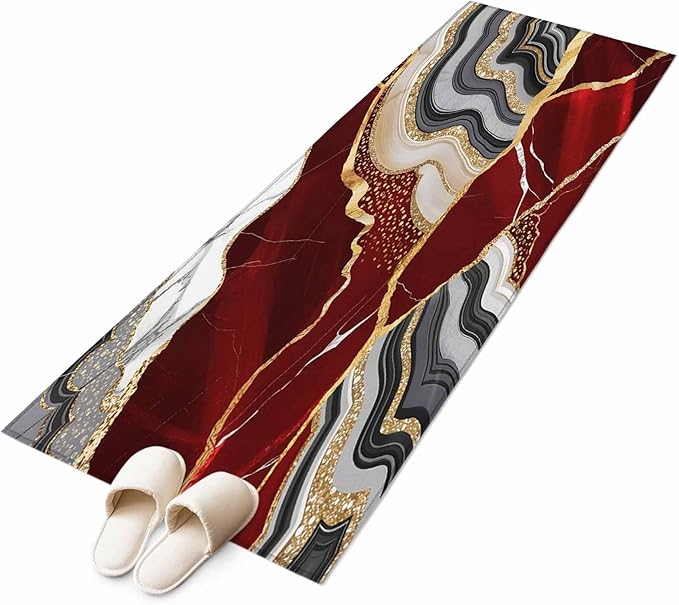 Runner Rug for Bedroom Hallway, Abstract Flowing Marble Fluid Art Kitchen Runner Rugs Area Rug 2x6ft, Red and Gold Lines Washable Soft Floor Carpet for Entryway Stair