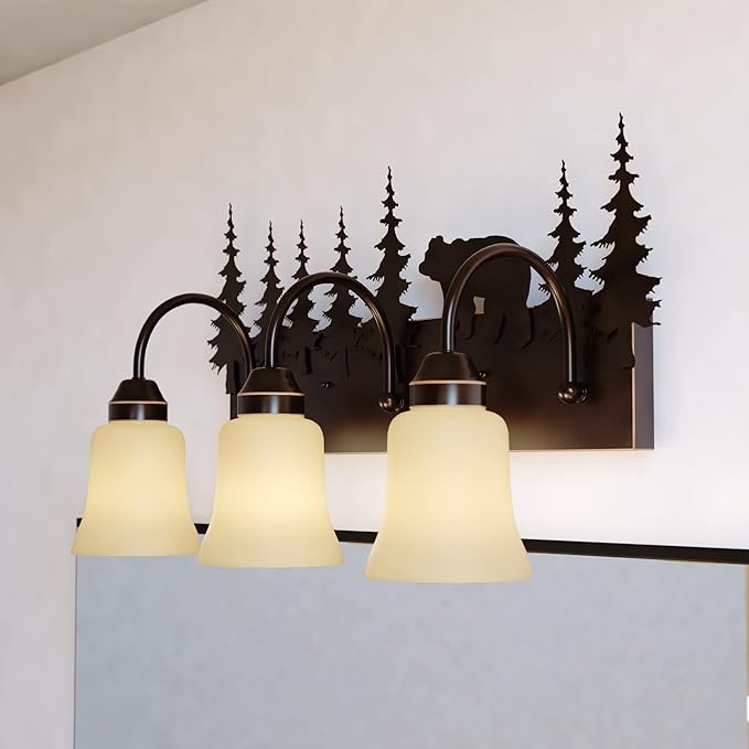 VAXCEL Bozeman 3-Light 24.75 inch Wide Burnished Bronze Rustic Cabin Bathroom Vanity Lighting Fixture, Amber Flake Glass Shade, Bear and Trees, Dimmable, LED Compatible, Over the Mirror Wall Mounted