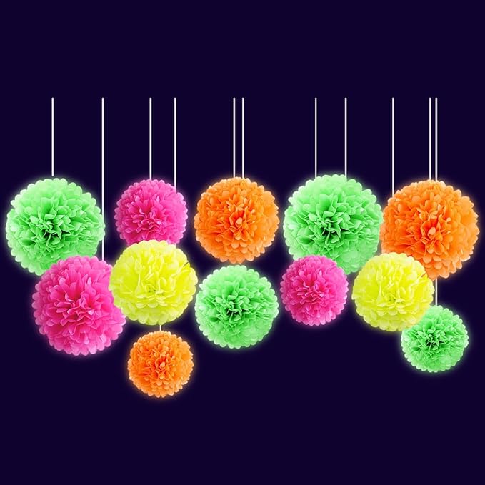 NICROLANDEE Blacklight Party Decorations - 12 PCS Fluorescent Neon Tissue Paper Pom Poms for Birthday, Wedding, Baby Shower, Glow-in-The-Dark, Neon, Prom Dance Party Photography
