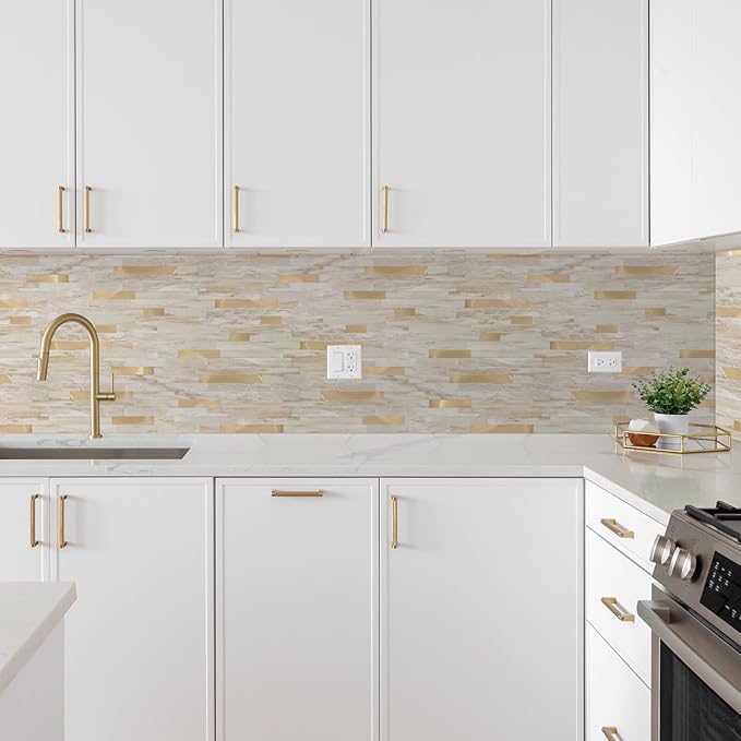 Yipscazo 10 Sheets Peel and Stick Stone Metal Tile Backsplash, Stick on Tiles for Backsplash Kitchen, Bathroom, Laundry Room, Camper, Fireplace (12'' X 12'', Beige Stone with Gold)