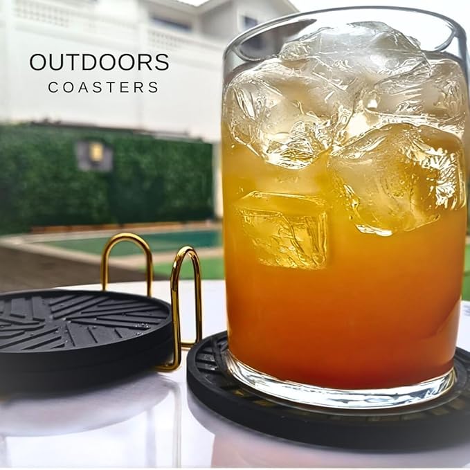 Silicone Coasters Set of 6 with Gold Holder - Smart and Modern Design That Holds Your Drink’s Condensation Protect Your Coffee Table, Decor for Home, Office, bar, Kitchen - Black