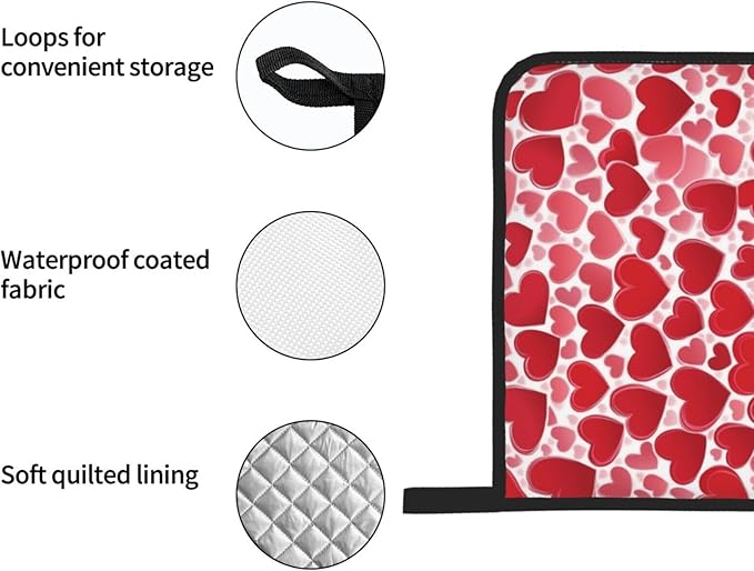 4 Pcs Red Heart Pattern Oven Mitts and Potholders,Kitchen Oven Glove with Pot Holders,Non-Slip Gloves High Heat Resistant 500 Degree for BBQ, Grill, Baking, Cooking, Oven, Microwave