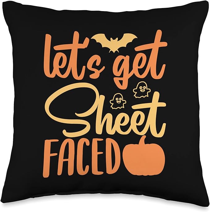 Halloween Let's Get Sheet Faced, Pumpkin, Bat Ghost Throw Pillow