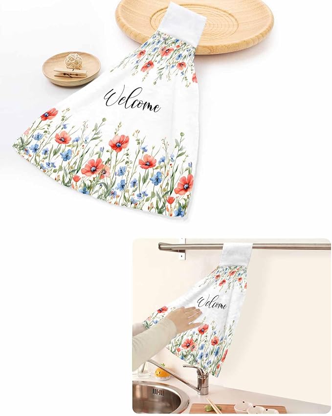 Alandar Home Kitchen Tie Towel Set of 1, Pastoral Orange Blue Flower Leaves Absorbent Soft Hand Towels for Bathroom Hanging Towels, Spring Floral Plant Fast Drying Cleaning Cloth with Loop