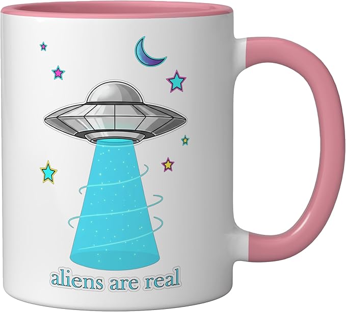 Aliens Are Real Retro UFO Flying Saucer Beam Space Ceramic Mug, Pink/White