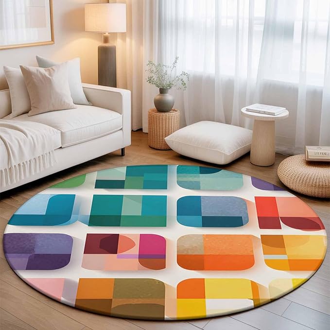 Washable Round Area Rug Modern Geometric Squares Circle Rugs Floor Carpet for Living Room Bedroom, Colorful Abstract Art Soft Non Slip Round Rug 3ft