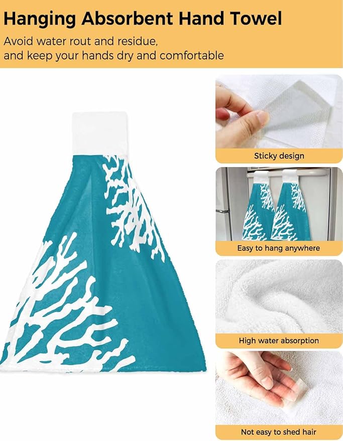 Alandar Home Kitchen Tie Towel Set of 1, Summer Blue Ocean Abstract Coral Absorbent Soft Hand Towels for Bathroom Hanging Towels, Modern Minimalist Art Fast Drying Cleaning Cloth with Loop