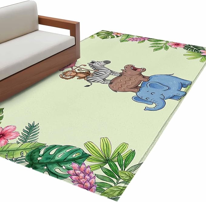 Area Rug 3x5ft, Funny Elephant Zebra Flamingo Washable Rugs for Living Room Bedroom, Tropical Leaves Floral Soft Non-Slip Area Rugs Rectangle Floor Carpet for Dining Room