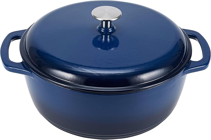 Amazon Basics Enameled Cast Iron Dutch Oven Pot with Lid, Dual Handles, Heavy-Duty, Oven Safe for Stews, Roasting, Baking, 6-Quart, Navy