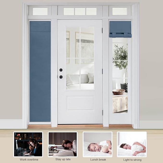 WdFour Door Curtains for Front Door & Window, Solid Color Sidelight Curtain with Tie Up Shade, 12W x 80L Inches, Blackout Covering for Glass Doors,1 Panel,Stone Blue.