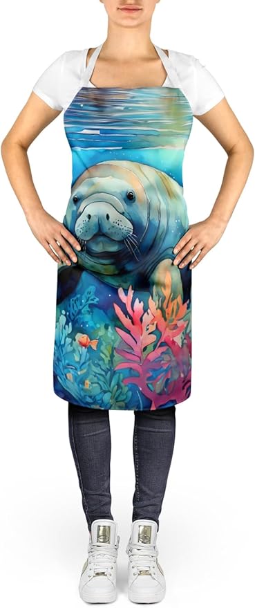 Caroline's Treasures Manatee Apron Cooking Kitchen Server Baking Crafts Gardening for Adult Women Men, Unisex, Large, Multicolor