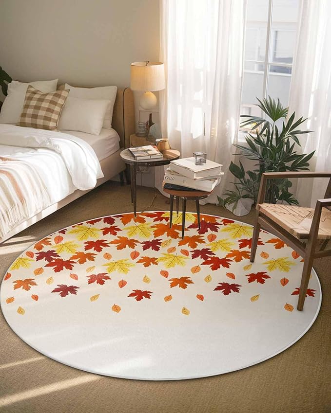 Round Area Rug,Fall Orange Maple Leaf Watercolor Circle Living Room Rug Non-Slip Rugs Indoor Carpet,Thanksgiving Fallen Leaves Seamless Soft Comfort Rugs for Bedroom KidsRoom Nursery
