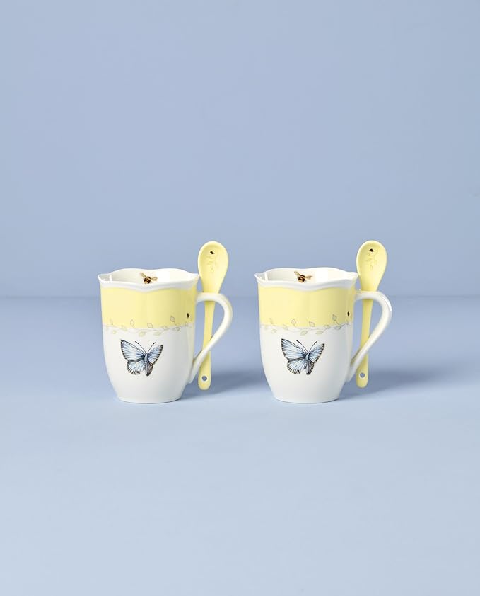 Lenox 897804 Butterfly Meadow Color Mugs With Spoons, Set Of 2, Yellow