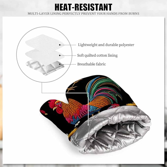Mxocom Rooster Heat-Resistant Oven Mitts and Pot Holder Beautiful Classical Embroidery Chicken Rooster and Sunflowers Kitchen Non-Slip Cooking Microwave Gloves for Cooking Baking Grilling
