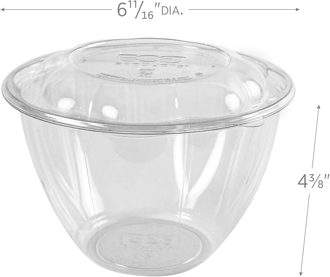 Eco-Products Compostable 48oz Clear PLA Plastic Large Salad Bowl With Lid, Case of 150, Grab 'n' Go Round Cold Takeout Food Containers, Renewable Plant-Based, Disposable, ASTM Compliant, BPI-Certified
