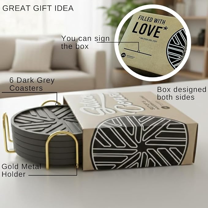 Housewarming Coasters Set of 6 - Non-Slip - Round Pads with Smart Groove Patterns & Gold Holder - Coffee Table and Kitchen Decor Porta vasos Modern (Dark Grey)