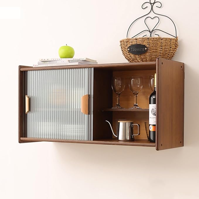 Countertop Kitchen Pantry Cabinet,Bamboo Wall Sideboard with Sliding Glass Doors,Pantry Cabinet for Kitchen, Living Room,Dinning,Bedroom,Walnut,30.3" W