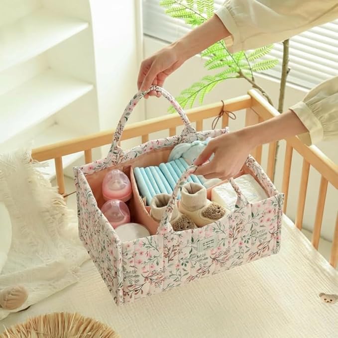 Quilted Fabric Storage Basket Floral Baby Diaper Caddy Quilted Basket Organizer for Newborn Nursery Bedroom Car Storage