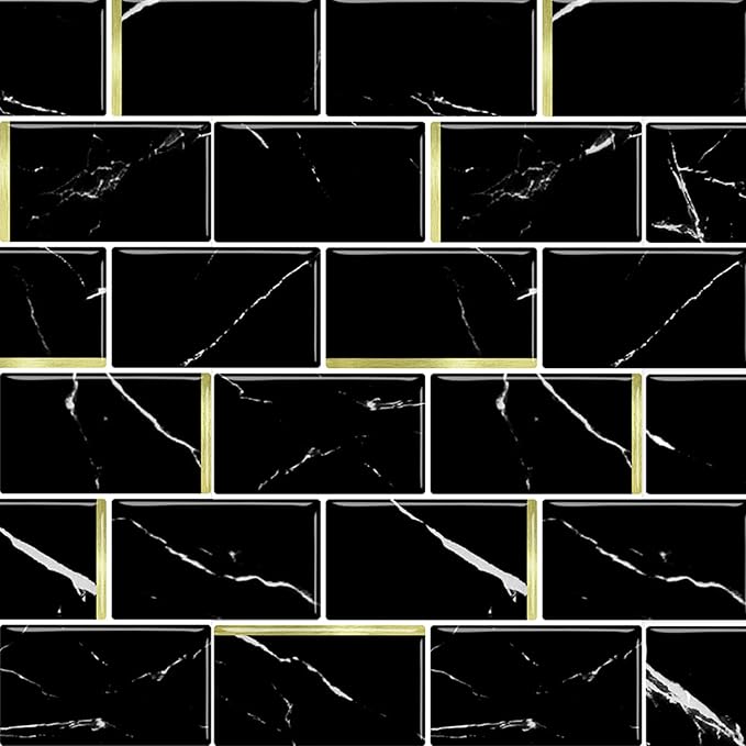 DÉCOR WOW Peel & Stick Backsplash for Kitchen & Bathroom Black Marble Subway with Gold, 1 sq ft (8-Pack)