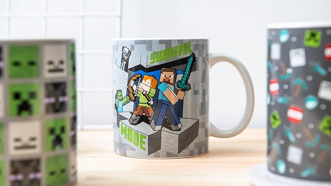 Zak Designs Minecraft Mug Unique Ceramic Coffee Cup Set, Can Coffee Mugs with Comfortable Handle for Gamer Gifts, Dishwasher and Microwave Safe (11.5 oz, 4-Piece Set)