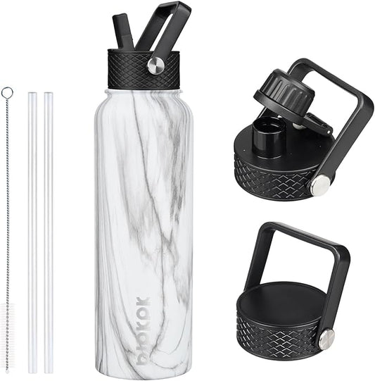 BJPKPK Insulated Water Bottles with Straw Lid, 40oz Stainless Steel Water Bottles with 3 Lids, BPA Free Leakproof Thermo, Tumblers, Cups for Sports, Gym- White Birch