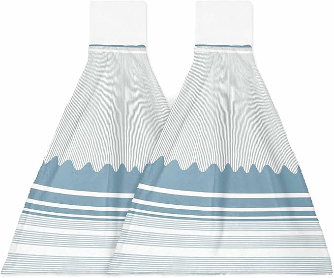 Alandar Home Kitchen Tie Towel Set of 2, Watercolor Blue Waves Stripe Absorbent Soft Hand Towels for Bathroom Hanging Towels, Modern Abstract Lines Fast Drying Cleaning Cloth with Loop