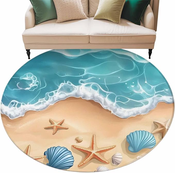 Washable Round Area Rug Summer Beach Shell Starfish Circle Rugs Floor Carpet for Living Room Bedroom, Marine Life Cartoon Style Soft Non Slip Round Rug 5ft