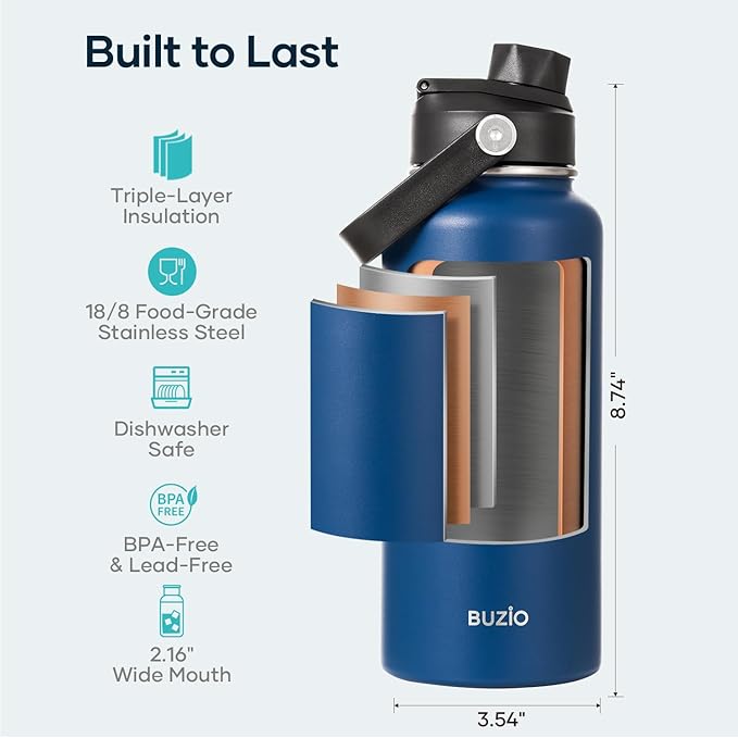 BUZIO 32 oz Water Bottle Insulated, Leakproof Stainless Steel Flask (Cold for 48 Hrs), Wide Mouth BPA-Free Metal Thermo Hydro Canteen with 2 Lids, Blue