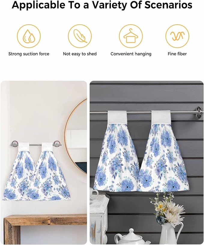 Alandar Home Kitchen Tie Towel Set of 2, Watercolor Spring Flowers Absorbent Soft Hand Towels for Bathroom Hanging Towels, Purple Floral Art Fast Drying Cleaning Cloth with Loop