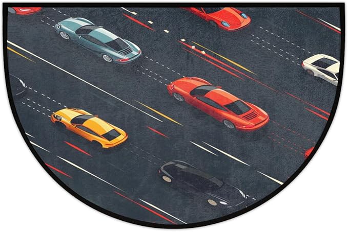 Modern Car Half-Round Door Mat | Indoor Entrance Half-Moon Rug | Low-Pile | Area Rug, Non-Slip, Absorbent Semi-Circle Welcome Mats for Kitchen, Patio, and Home Decor | 36x24 Inches