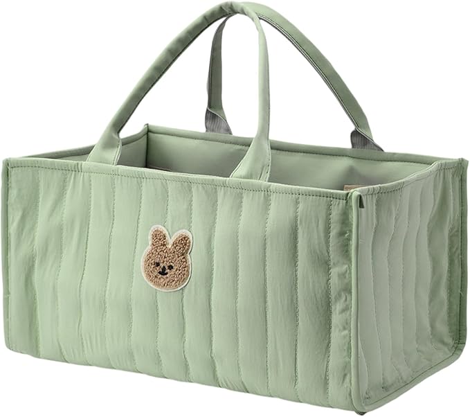 Quilted Fabric Storage Basket Floral Baby Diaper Caddy Quilted Basket for Nursery Bedroom Car Storage (L- Green Bear)
