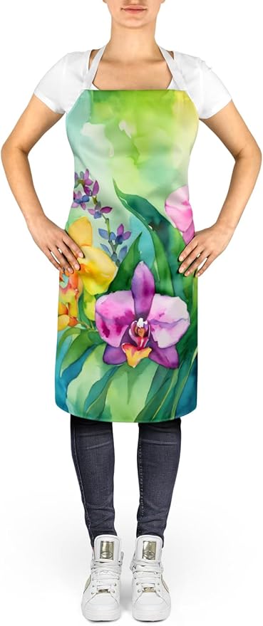 Caroline's Treasures Orchids in Watercolor Apron Cooking Kitchen Server Baking Crafts Gardening for Adult Women Men, Unisex, Large, Multicolor